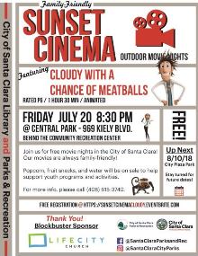 2018 Sunset Cinema July 20, sunset cinema, July 20, Cloudy With a Chance of Meatballs, movies, outside