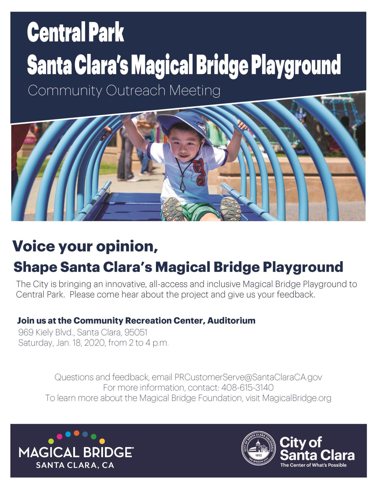 Magical Bridge Playground Community Meeting. Join us for the meeting on Jan. 18, from 2- 4 p.m. at the Community Recreation Center