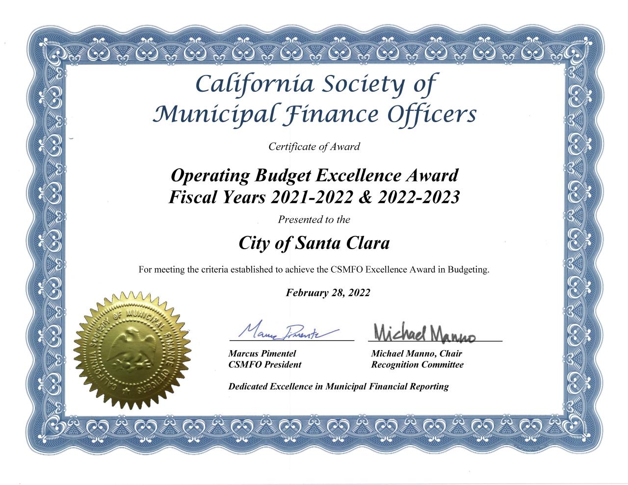 CSMFO AWARD CITY OF SANTA CLARA