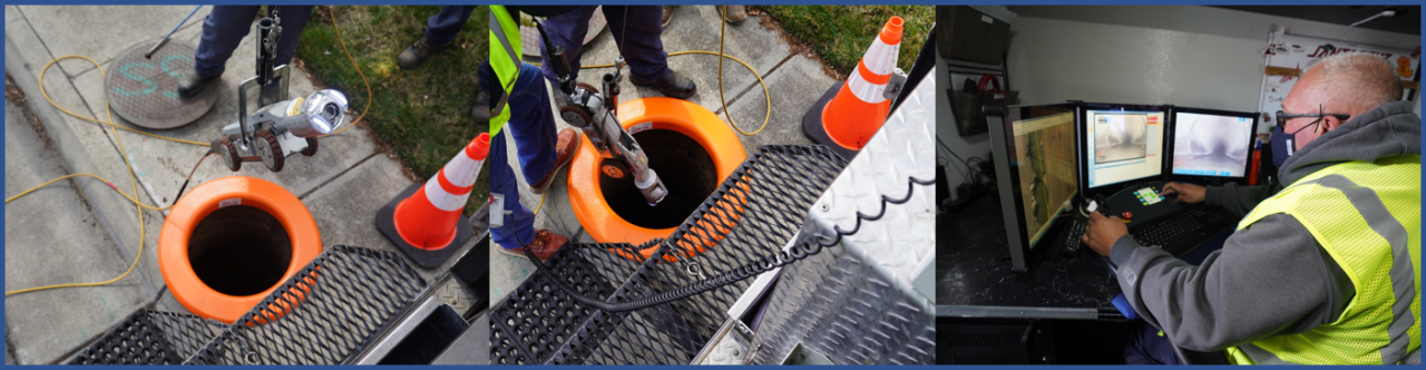 Technicians using closed-circuit television to inspect sewer lines