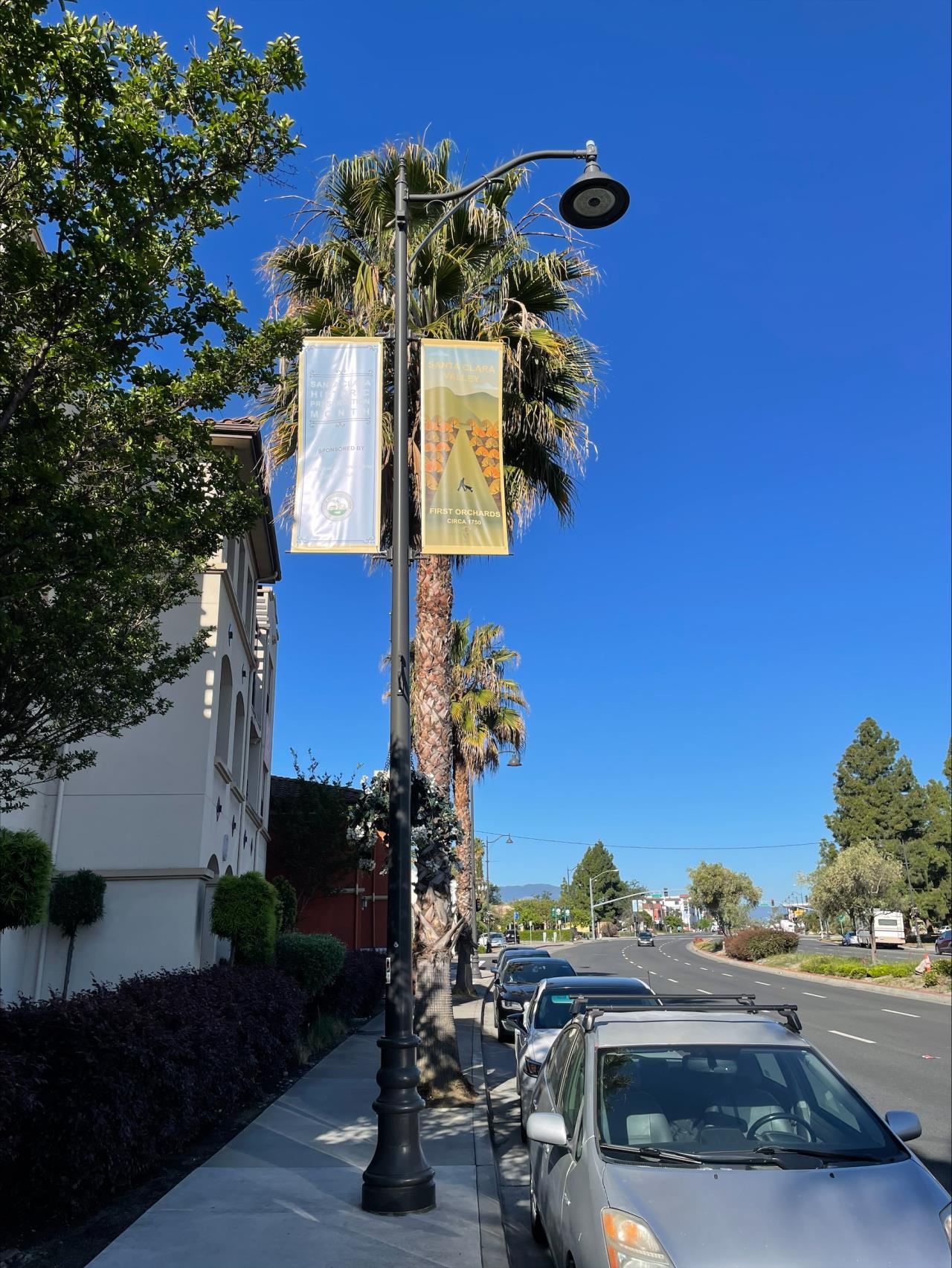 First Orchards banner attached to light pole along El Camino Real