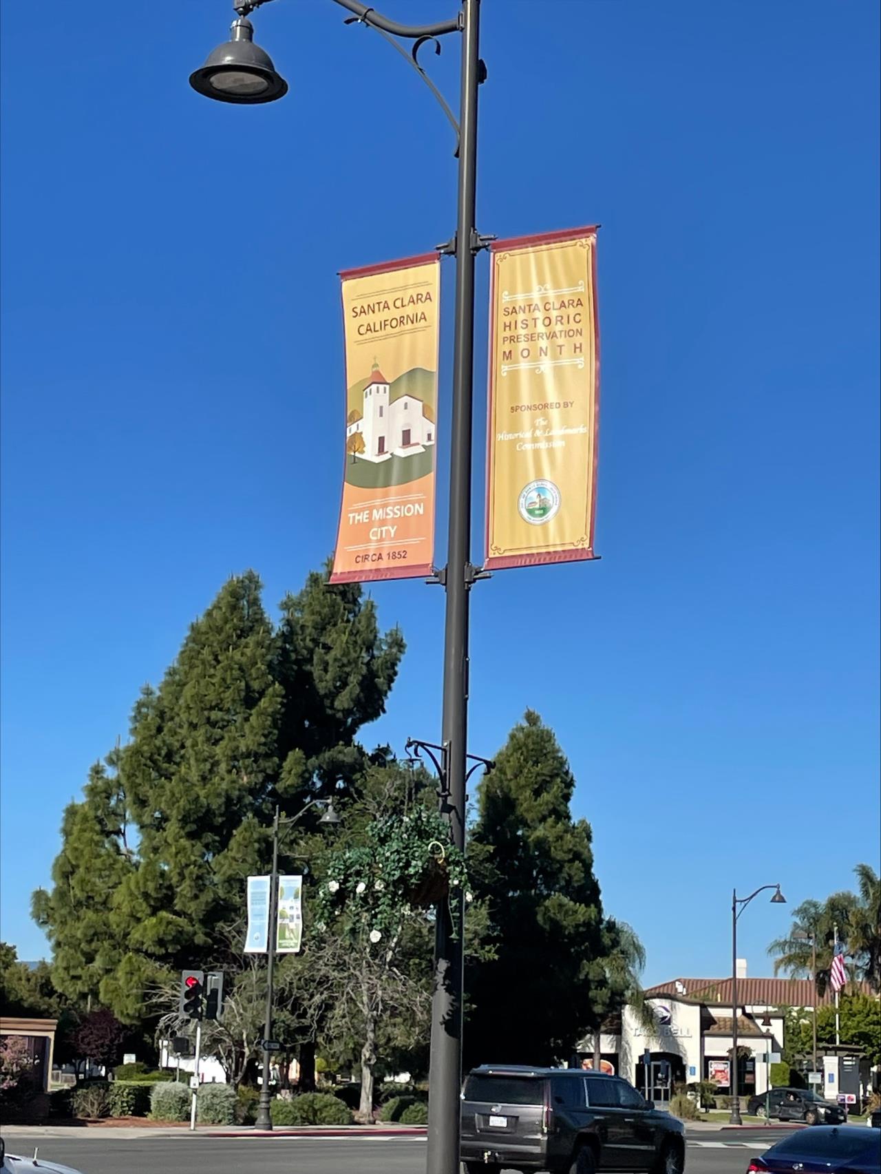 Mission City banner attached to light pole along El Camino Real