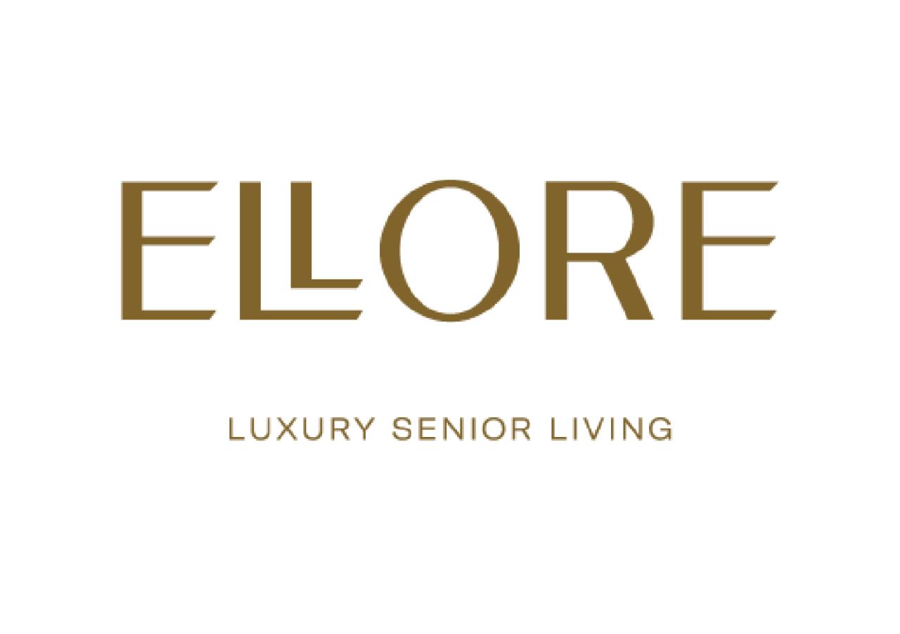 White background with gold lettering. Text: Ellore Luxury Senior Living