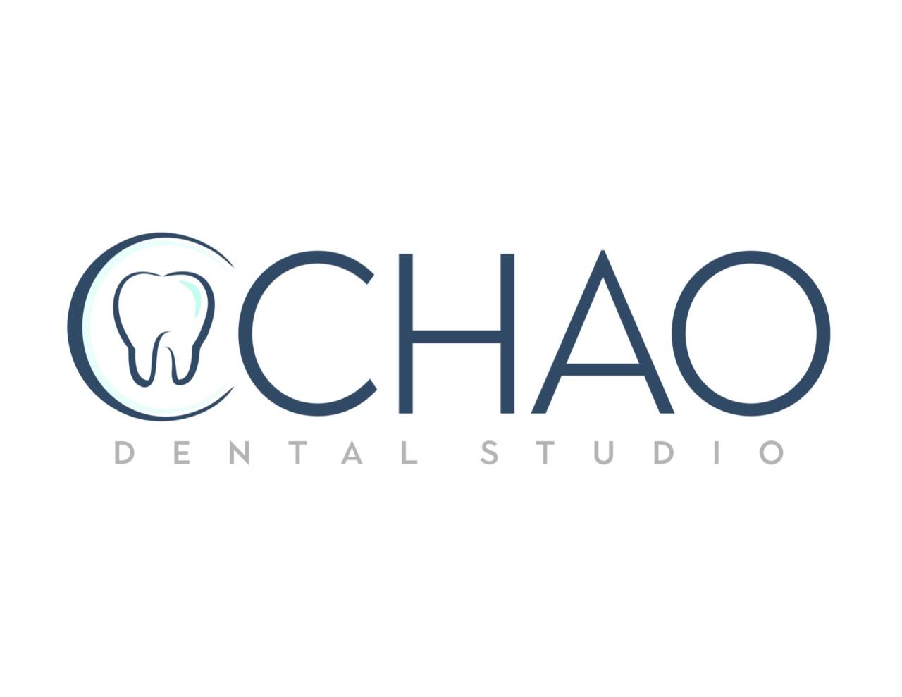 White background with blue design of a tooth outline Text: Chao Dental Studio